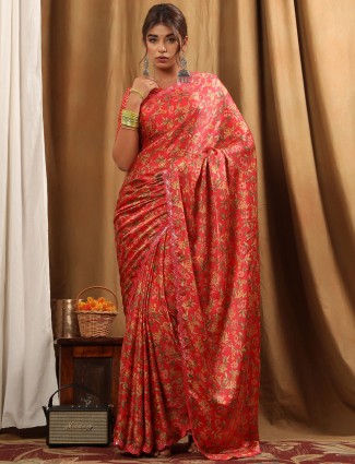 Pink satin festive wear printed saree