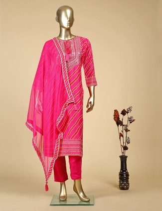 Pink silk printed kurti set with dupatta