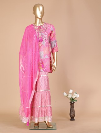 Pink silk printed sharara suit with dupatta