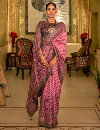 Pink silk saree with contrast border