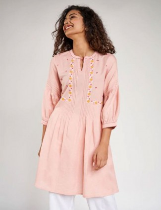 Pink Solid Embroidered A-Line Tunic