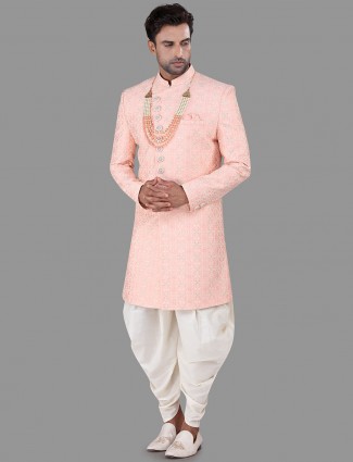 Pink thread work silk indo western for mens