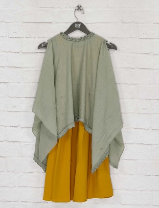 Pista green cape top and yellow hue kurti dress