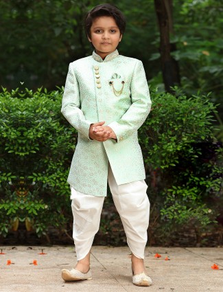 Pista green wedding wear boys indowestern in silk