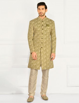 Pista green wedding wear cotton silk indowestern suit