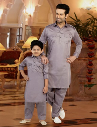 Plain grey pathani suit for father and son