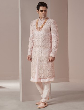 Powder pink raw silk men sherwani for groom wear