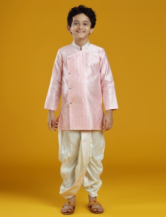 Powder pink silk kurta suit for boys