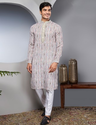Printed cream kurta suit in linen cotton