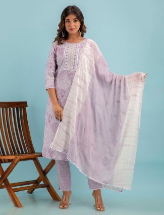 Printed light purple cotton kurti set