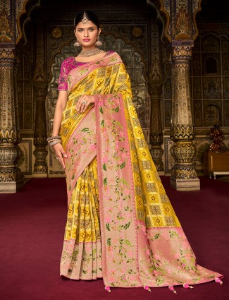 Printed lime yellow dola silk saree for wedding look