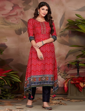 Red long kurti with jeans outlet