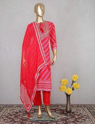 Printed red cotton pant suit for festive look