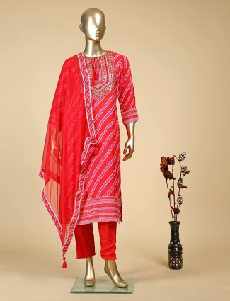 Printed red silk kurti set