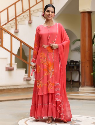 Printed red silk long kurti with dupatta