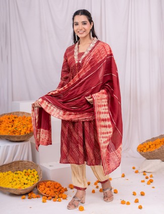 Printed silk kurti set in maroon