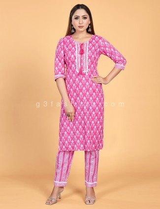 Printed style pink cotton casual wear kurti set