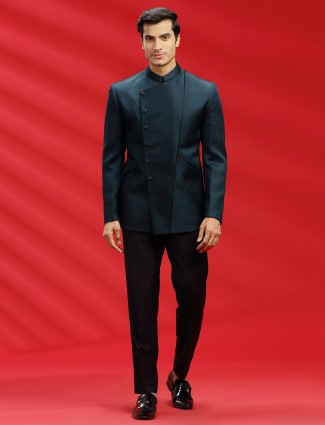 Prussian blue terry rayon reception jodhpuri suit