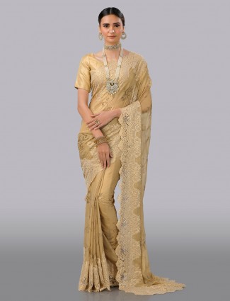 Pure chiffon beige wedding wear saree