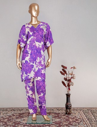 Purple silk printed kurti with pant