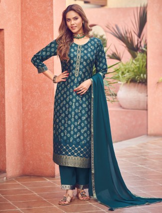 Rama blue silk printed salwar suit