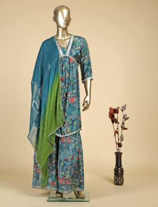 Rama blue silk printed sharara set