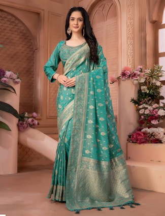 Rama green tissue silk zari weaving saree