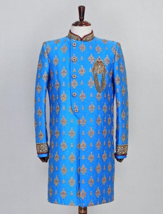 Raw silk blue wedding sherwani in raw silk