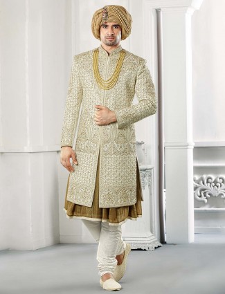Raw silk cream color groom wear sherwani