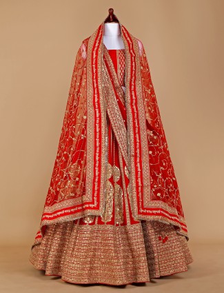 Raw silk unstitched lehenga choli in red