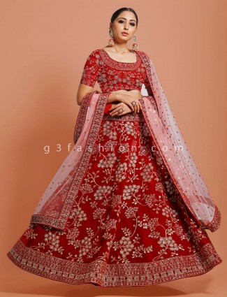 Red velvet bridal wear designer lehenga choli