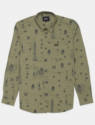 Relay printed olive green shirt for men