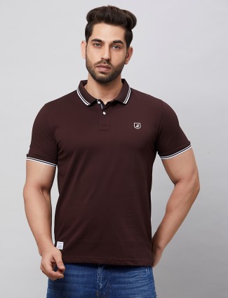 River Blue maroon printed casual polo t-shirt for men