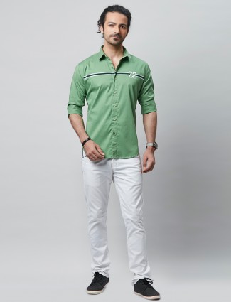 River Blue solid green cotton shirt for casual