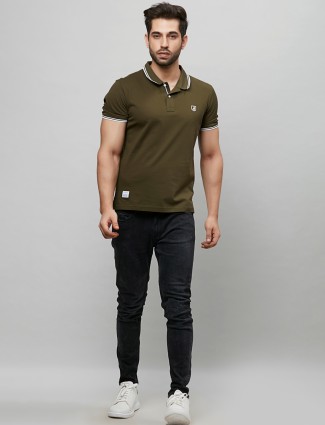 River Blue solid olive slim fit cotton polo t-shirt
