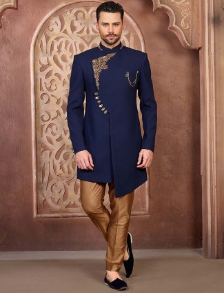 Royal blue solid party wear mens indo western