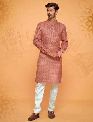 Rust orange printed kurta suit in linen cotton
