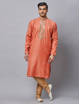 Rust orange silk kurta suit for men