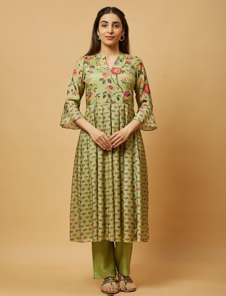 Sage green silk printed kurti with pant