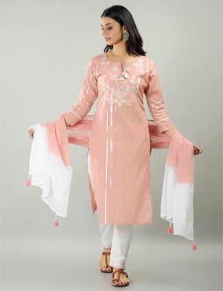Salmon pink cotton festive wear stripe punjabi style pant suit