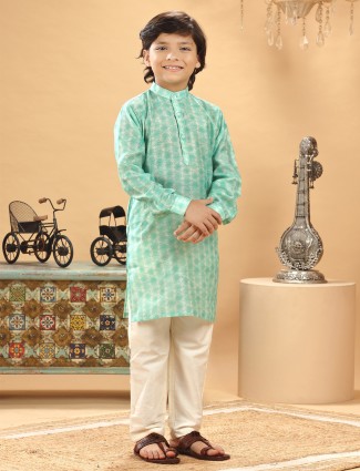 Sea green printed silk kurta suit