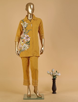 Silk emboidery co ord set in mustard yellow