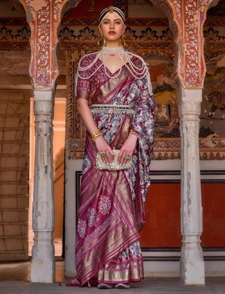 Silk wine printed wedding saree