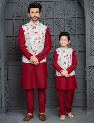 Silk maroon waistcoat set for father and son