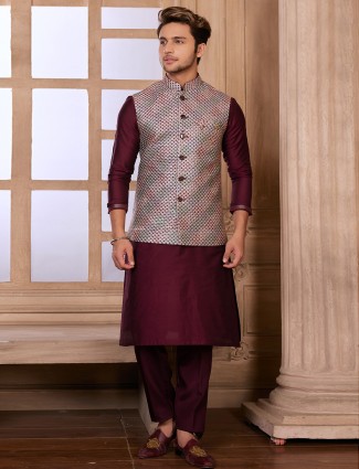 Silk maroon wedding waistcoat set
