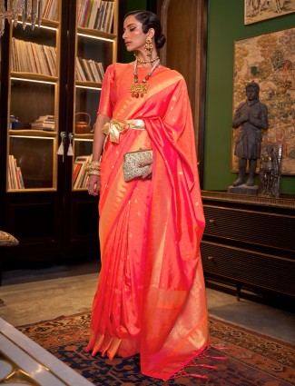 Silk orange saree with zari work