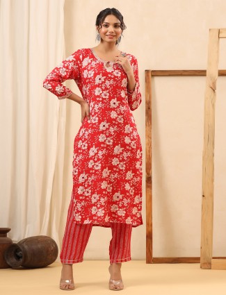 Silk printed kurti with pant in red