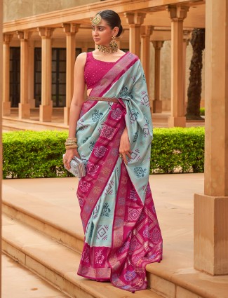Silk printed light blue saree for wedding