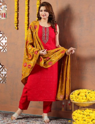 Silk red salwar suit with dupatta