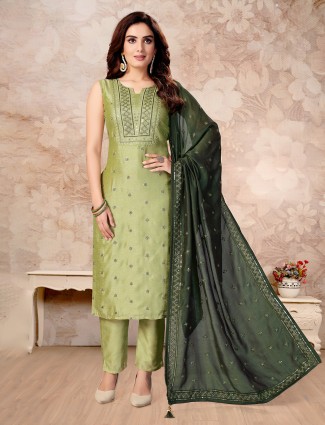 Silk salwar suit with contrast dupatta in olive